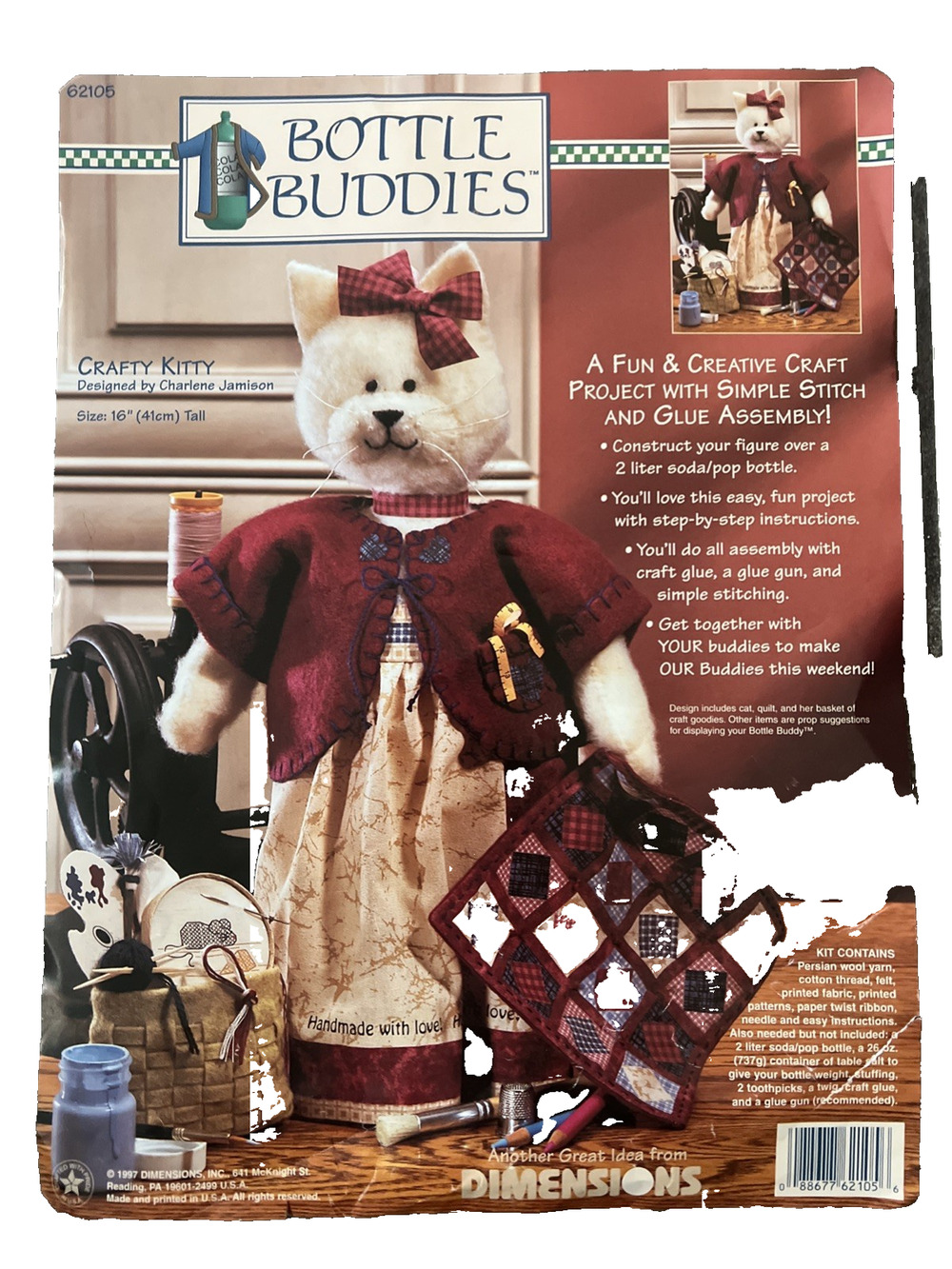 Vintage Bottle Buddies Dimensions Crafty Kitty Kit 16" Cat Quilt Basket HTF